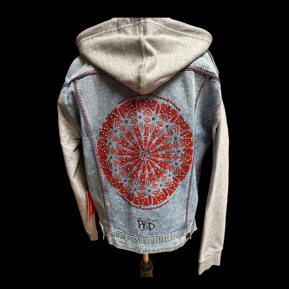 Mandala Embellished Hooded Sweatshirt Jean Jacket - Picture 1 of 6